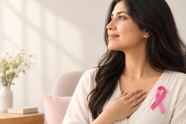 Woman wearing a pink breast cancer awareness ribbon.